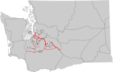 A grey map of Washington state with dark grey lines representing U.S. routes and a thick red line for PSH 5 and thin red lines for branches of PSH 5.