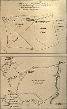 Two hand-drawn diagrams of the scene and environs