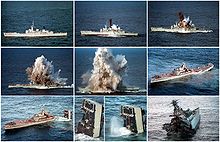 A series of ten photographs, arranged in a three-three-four pattern. The first photograph shows a stationary warship. The next five images show an explosion underneath the ship, which breaks the vessel in two and generates an increasingly large debris cloud. The sixth and seventh photos show the broken ship as the back half drifts away and begins to sink, while the eighth and ninth are close-ups of the back as it submerges. The tenth photograph shows the front half of the ship from behind.