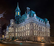 Montreal City Hall: large, old square building at night