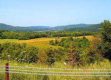 In the foreground is a small cluster of trees that has built up alongside NY 22. Beyond those is a large cultivated field; even farther out is a dense forest. In the distance is an area of lowlands surrounded by forests and bisected by a narrow, winding waterway. Two large mountain ranges are barely visible in the far-off distance.