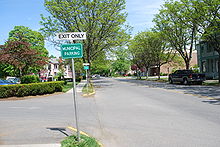 Ground-level view of a road on a sunny day; the street is lined with newly-budding trees.