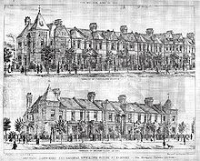 Drawings of two rows of houses with sharply angled roofs, and much larger houses at the ends of the rows