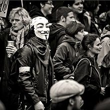 A member of the hacktivistAnonymous present at the Occupy Portland march.