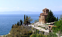 Church of St John at Kaneo on hill with Lake Ohrid beneath it