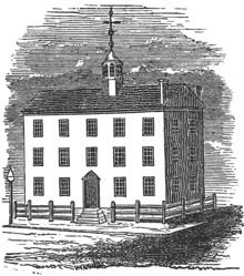 Black and white engraving shows a three-story building with a gabled roof and a belfry.