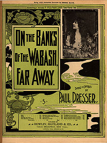 A printed page with a design of vines and a stream of water snaking downward from the top of the page. Text on the page reads, "On the Banks of the Wabash, Far Away" and "by Paul Dresser