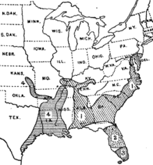 Map of the eastern United States, with distributions of Goldman's subspecies as listed in the text