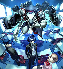 Two male and one female student stand in a classroom.  Behind and above the Protagonist, who stands at the center, is the Persona Thantos, a humanoid demon with eight coffins attached to its body via chains.