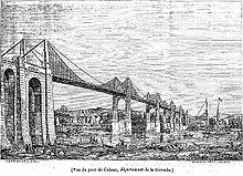 A black and white sketch showing a suspension bridge.