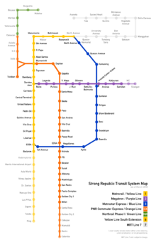 Color-coded lines on an outline map illustrating relative positions of existing and planned routes as described in the text