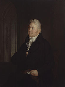 Painting of a  well-dressed  man in a 19th century coat with a ruffled collar at his throat. His grey hair is short and he has sideburns. He is looking solemnly  into the distance.