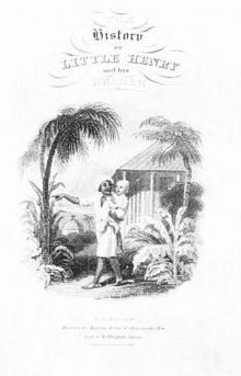 Indian man is holding a young, white boy in his arms and pointing to something. They are standing in front of palm trees and a hut.