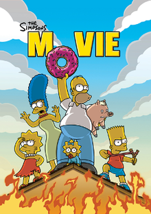 Film poster showing five people standing of the roof of a house on fire. From left to right: a girl stands purposefully looking into the distance, a woman looks shocked, a man, holding a pig under his arm, holds a giant donut in the air to complete the text "The Simpsons Movie" above him. A baby lies underneath his legs, a boy with a slingshot to his left.