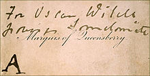 A rectangular calling card printed with "Marquess of Queensberry" in copperplate script.