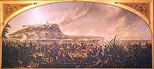 color painting of American soldiers and Marines attacking Chapultepec castle