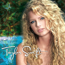 A female teen with blond hair and blue eyes faces forward from a tilted position. Behind her is what appears to be a body of water and green bushes. Patterns resembling flowers and butterflies are drawn in the left side of the background.