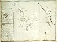 A British Admiralty map entitled "The Houtman Rocks", showing four groups of islands, oriented north-west, west of a coastline also oriented north-west. Soundings are shown along various tracks between islands and coast. Two insets show detailed sounding in Recruit Bay and Good Friday Bay. An island in the north-west corner is labelled "North I."