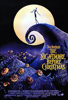 A skeleton-like figure wearing a suit stands on a curled cliff, in front of a yellow full moon. Below him are hills with jack-o-lantern pumpkins. On a mountain is written the title, "Tim Burton's The Nightmare Before Christmas".