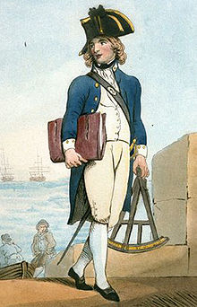 A full size portrait of a boy with long golden hair wearing the uniform of a midshipman: a bicorne hat, a blue tails coat with white patches on the collar, a white waistcoat, breeches and hose, and a sword on the left side.