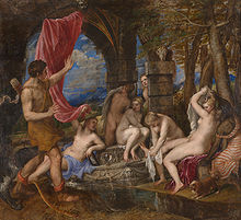 Realistic painting of a man greeting nude women, bathing.