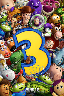 Many toys all close together, with Buzz Lightyear and Woody holding the top of number 3.