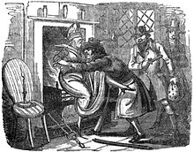 A monochrome illustration of a man pushing a woman toward an open fireplace, which is in use.  Two men stand to his right, one armed with a pistol.  All three men appear to be smiling.