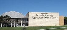 Large building with the words "Murohison Performing Arts Center University of North Texas" displayed in large letters.