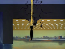 A cartoon picture of a bomb punching through a thick roof that was protecting several submarines