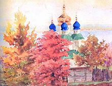 Painting by Olga of a Russian church with blue onion domes, partially obscured behind trees in autumnal colors