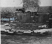 artist's rendering of the explosion on top of a photo with marked location of the Galaxy Mill