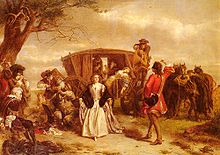 A well-dressed man stands in front of a young woman in 18th-century dress.  Behind her, a coach is stopped, and several masked men are armed with pistols.  The coach's occupants are in disarray.  To the left, another masked man plays a small flute.  Before him, an older man sits, his arms tied behind his back.