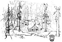An architectural sketch of a rustic hunting lodge made of river rock, nestled amid tall pine trees at the edge of a river.