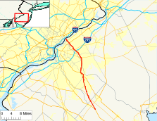 Route 73 follows a north–south alignment from northern Atlantic County to the Pennsylvania border at the Delaware River. It crosses Interstate 295 a short distance south of the Delaware River.