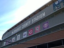 Milwaukee County Stadium marquee sign, third base grandstands, taken September 24, 2000