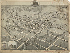Map of Denton's city infrastructure in 1883. The town square area is heavily developed while the outskirts of the town are just beginning to be incorporated