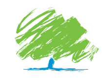 Logo: artistic drawing of tree formed from broad diagonal brushstrokes in single shade of lawn green, with thin, short pastel blue trunk.