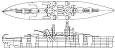 A line drawing of a ship with four gun turrets—two mounted each fore and aft—a large superstructure with two high masts, and a catapult over the third turret.
