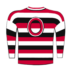 A red, black and white horizontal striped jersey in a barber-pole pattern, with a large red-letter 'O' on the chest.