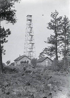 A four-legged tower with a small enclosure at the top, next to two one-story buildings. The tower is four stories tall. Trees are at either side, and in the foreground there are rocks, some vegetation, and a rough trail.