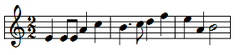 The image depicts musical notation of a fast-paced motif consisting of minims, crotchets and quavers.