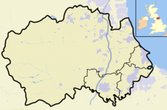Map of England and Wales with a red dot representing the location of the Muggleswick, Stanhope and Edmundbyers Commons and Blanchland Moor SSSI, Durham
