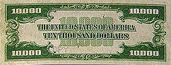 Series 1928 or 1934 $10,000 bill, Reverse