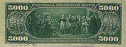 Series 1918 $5,000 Federal Reserve Note, Reverse, featuring the resignation of General George Washington