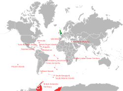 British Overseas Territories (red), the United Kingdom (green), and Crown Dependencies (blue)