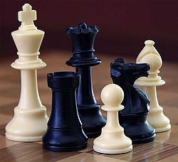 Photo shows the six types of chess pieces in the Staunton style.