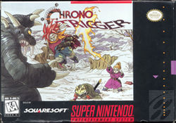 "CHRONO TRIGGER", a snowy field, a dark blue monster with arms raised in the left frame, the character Crono flying to it in the middle with his sword drawn, beneath him the character Frog hunched over on the ground, to the right the character Marle shooting fire from her fingertip