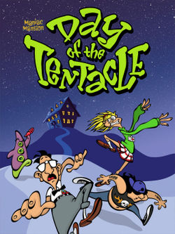 Artwork of a vertical rectangular box. The top portion reads "Maniac Mansion Day of the Tentacle" with a group of three human characters and a purple tentacle.