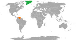 Map indicating locations of Denmark and Venezuela