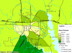 Map diagram showing median family income levels. Southern area has a median family income in the $91,630 to $106,016 range. Northern area has a median range between $65,517 and $75,261. Downtown area has the lowest range at $23,828 to $41,453.